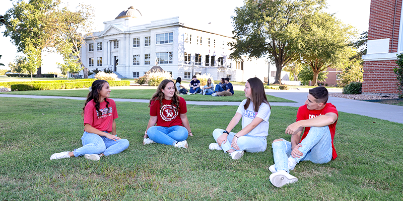 学生们坐在大学校园的草坪上